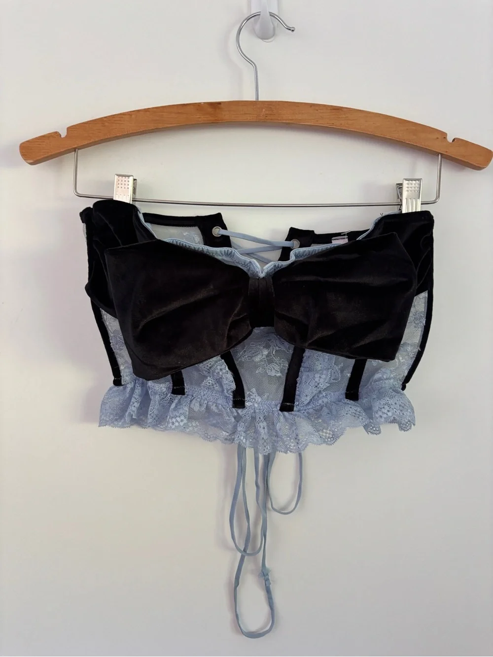 Out From Under Bow Down To Me Velvet & Lace Corset Bustier Top Black Light Blue
